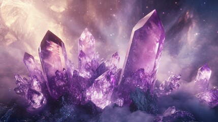Amethyst geode cluster in cosmic nebula.