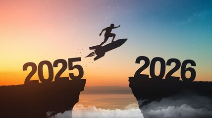A person launches into the air on a rocket, crossing a chasm between the years 2025 and 2026. The sunset backdrop creates a dramatic atmosphere filled with hope and ambition.	