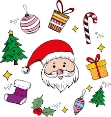 Set of vector illustrations of Santa Claus, socks, Christmas tree, gifts. Christmas color drawings, doodle pictures.