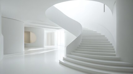 Fototapeta premium Modern Minimalist White Staircase in Bright Interior Space with Curved Design