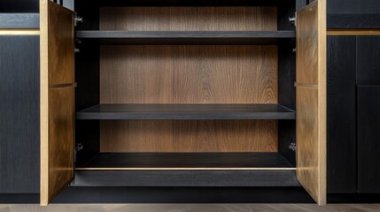 Obraz premium Modern Open Wooden Cabinet with Elegant Black Doors and Chic Gold Accents for Stylish Interior Design and Storage Solutions