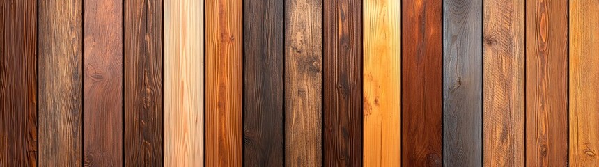 Fototapeta premium A variety of natural wooden planks arranged vertically, showcasing diverse textures and tones. Ideal for backgrounds, interior design concepts, and creative graphic projects.