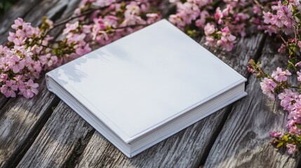 Fototapeta premium Blank album on a rustic wooden table surrounded by delicate pink flowers creating a serene and inviting atmosphere for memories.