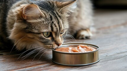 Curious cat smelling opened can of wet cat food beside its bowl on a wooden floor