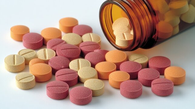 Assorted colorful modafinil tablets spilled from an opened pill bottle on a clean modern surface showcasing their vibrant hues and shapes