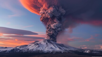 Volcano erupting with fiery lava and thick ash cloud in dark sky.