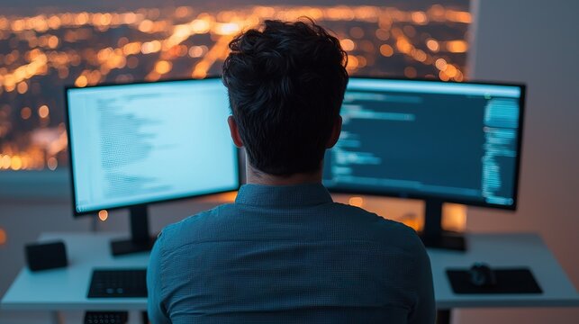 Freedom and Focus. Keys to Remote Work Success. A person working at a desk with dual monitors displaying code, overlooking a cityscape at night, suggesting a tech-focused or coding environment.