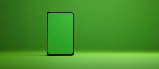 Smartphone mockup with empty screen on vibrant green background ideal for showcasing designs or marketing messages.