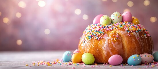 Handcrafted Easter bun with colorful sprinkles and chocolate eggs festive baking scene with room for personalized text and joyful ambiance