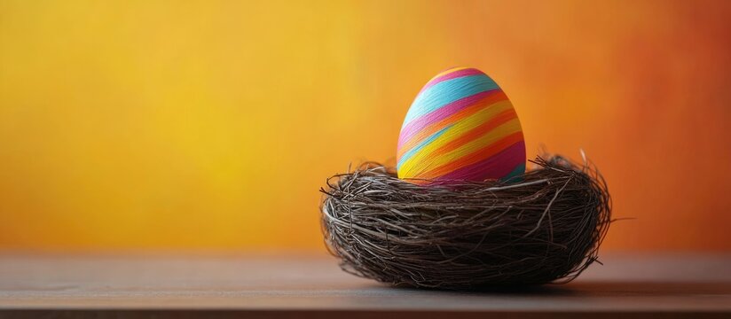 Colorful Handmade Egg in Nest with Vibrant Background and Space for Custom Text or Easter Message