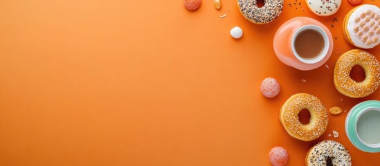 Assorted breakfast foods including pastries and beverages on vibrant orange background with ample space for creative text placement