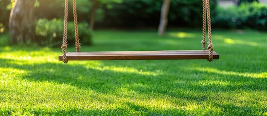 Wooden swing hanging in lush green lawn inviting relaxation and play with empty space for customized text or messages