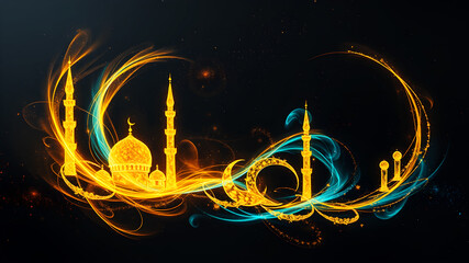 Dynamic swirls of gold and turquoise light forming abstract shapes of mosques and crescents on a dark canvas