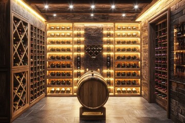 Elegant wine cellar filled with wooden barrels illuminated by warm lighting in a rustic setting.