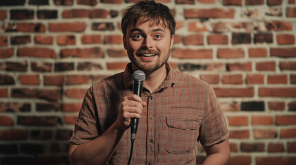 Smiling Comedian Holding Microphone Against Brick Wall Backdrop