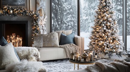 Cozy living room with Christmas tree, fireplace, and snowy view.