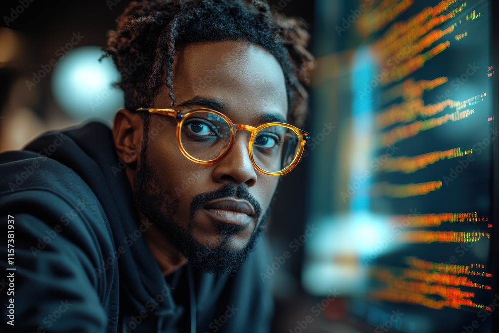 Poster programmer focused on cybersecurity in a dark workspace with glowing code on screens