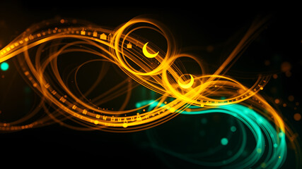 Fototapeta premium Dynamic swirls of gold and turquoise light forming abstract shapes of mosques and crescents on a dark canvas