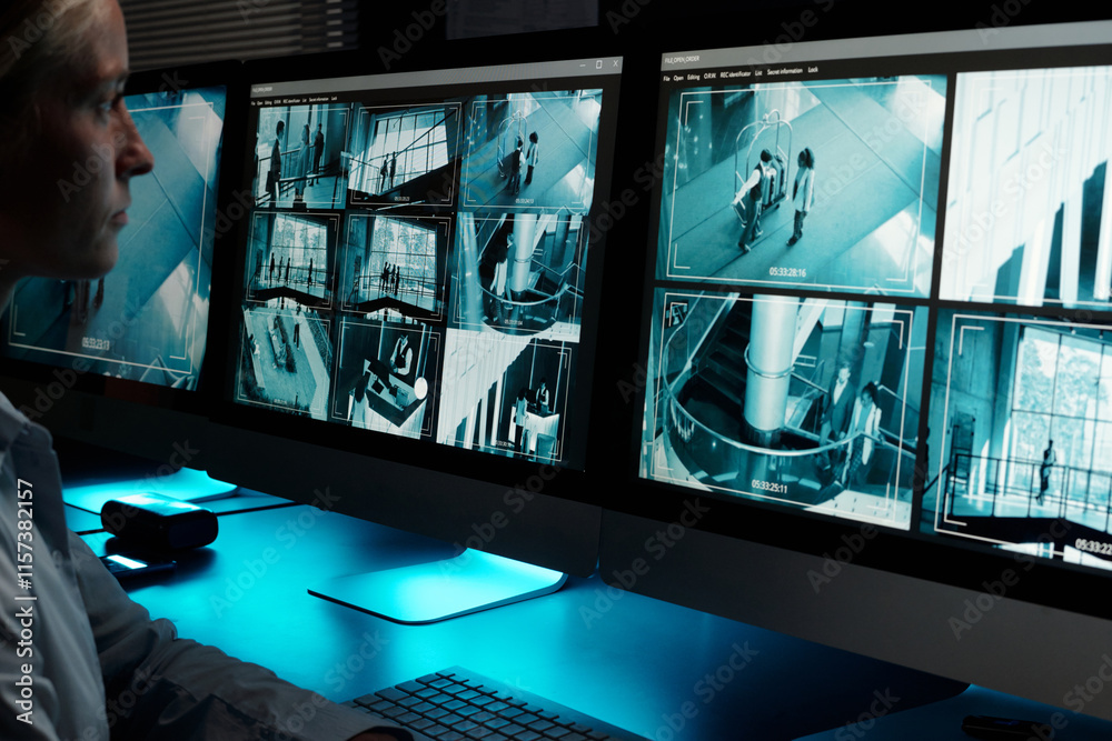 Poster Focus on desktop computer monitors with cctv video system on screens standing in front of young working female guard