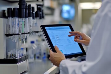 Researcher analyzes data on tablet while conducting experiments in a laboratory setting