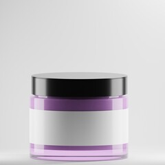 A clear glass cosmetic jar filled with a light purple or lavender product sits on a plain gray background. The jar has a black lid and a blank white label, perfect for showcasing product branding.