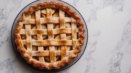 Classic homemade apple pie with lattice crust presented on a marble tabletop in an appealing top view arrangement.