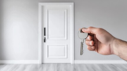 Home Loans Made Simple and Accessible. A person holds a set of keys in front of a closed door, symbolizing new beginnings and opportunities in a modern interior space.