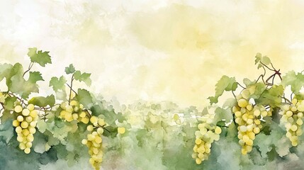 Yellow chardonnay. A serene watercolor illustration of grapevines laden with yellow grapes against a soft, dreamy background.