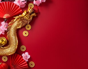 Obraz premium Honoring the essence of a traditional Chinese New Year. Top view shot of gold dragon, red paper fans, traditional coins, decorative items, sakura bloom on beige background with promo placement