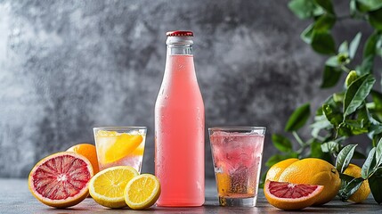 Fototapeta premium Hard Seltzers Bursting with Bold Citrus Flavor. A refreshing display of colorful citrus beverages, featuring a pink drink in a bottle and two glasses, surrounded by vibrant oranges and lemons.