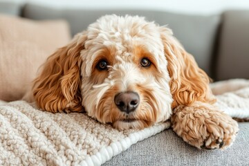 Dog-Themed Pregnancy Announcements. A fluffy dog rests its head on a cozy blanket, exuding warmth and tranquility in a stylish living room setting.
