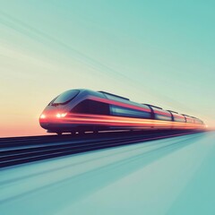 Fototapeta premium High-speed train speeding on tracks at sunset.