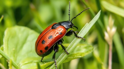 Vibrant red and black insect perched on green grass blade in a lush natural field setting showcasing biodiversity in nature.
