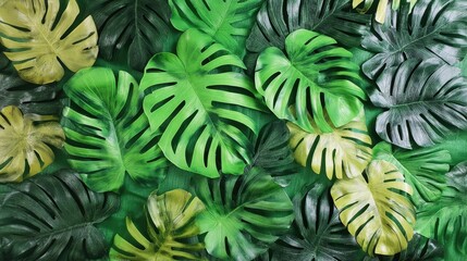Fototapeta premium Vibrant Display of Artificial Palm and Monstera Leaves for Tropical Decor and Design Applications