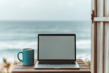 Fototapeta premium Freedom to Roam. Remote Work Adventures Await. A serene workspace by the ocean, featuring a laptop on a wooden table and a coffee mug, perfect for relaxation and productivity.