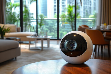 Smart CCTV camera positioned in modern apartment interior with large windows