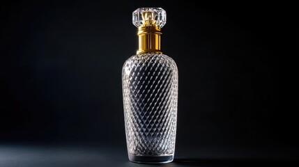 Elegant crystal cosmetics bottle with golden accents showcased against a dark background for luxury beauty branding and advertising.