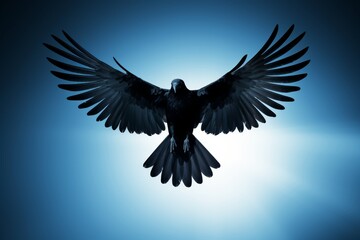 Fototapeta premium Silhouette of a bird in flight against blue hues symbolizing freedom and ambition to soar higher