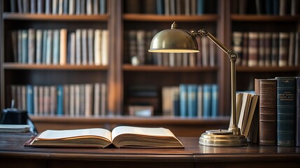Open book on wooden desk with lamp and bookshelves.