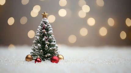 Minimalist Christmas scene featuring a snowy tree adorned with bronze red and gold ornaments set against a bokeh lights background.