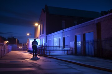 Profile silhouette of a duty officer against a factory background in deep blue and light grey shades