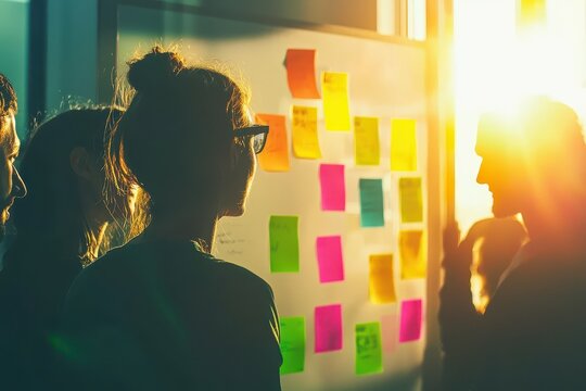 A woman is looking at a white board with colorful sticky notes on it