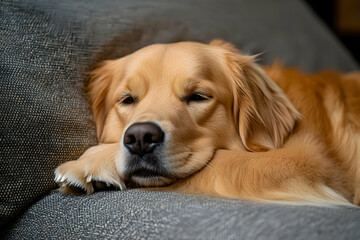Golden Retriever dog resting its head on a couch, eyes closed, peaceful expression.
