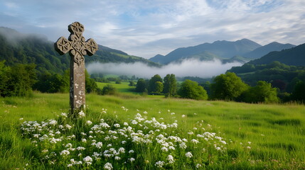 A peaceful Irish blessing scene, text beautifully integrated into an image of an ancient stone cross in a green meadow