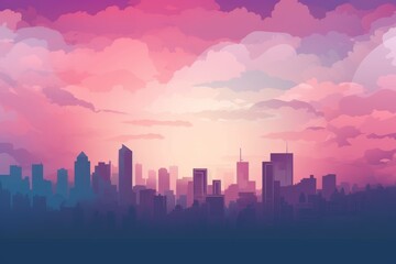 Fototapeta premium Misty city skyline a dreamy silhouette in soft pink and light blue pastels at dawn or dusk