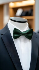 A green bow tie paired with a crisp white shirt and black blazer displayed on a mannequin in a modern boutique setting
