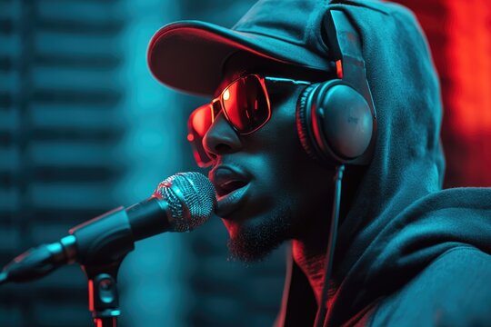 afro american man headphones in a cap and a hood sunglasses recording hip hop song track.