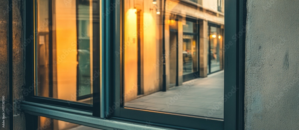 Poster reflection of storefronts in law office mirror creating an inviting ambiance with empty space for cu