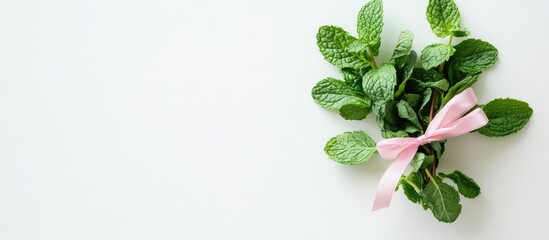 Fresh mint tied with a pink ribbon on a clean white background perfect for branding cooking or wellness related designs and promotions