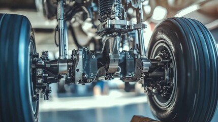 Fototapeta premium Airplane wheel compartment with mechanical components and hydraulic systems, essential for safe landing and takeoff. Precision engineering and aviation safety concepts.